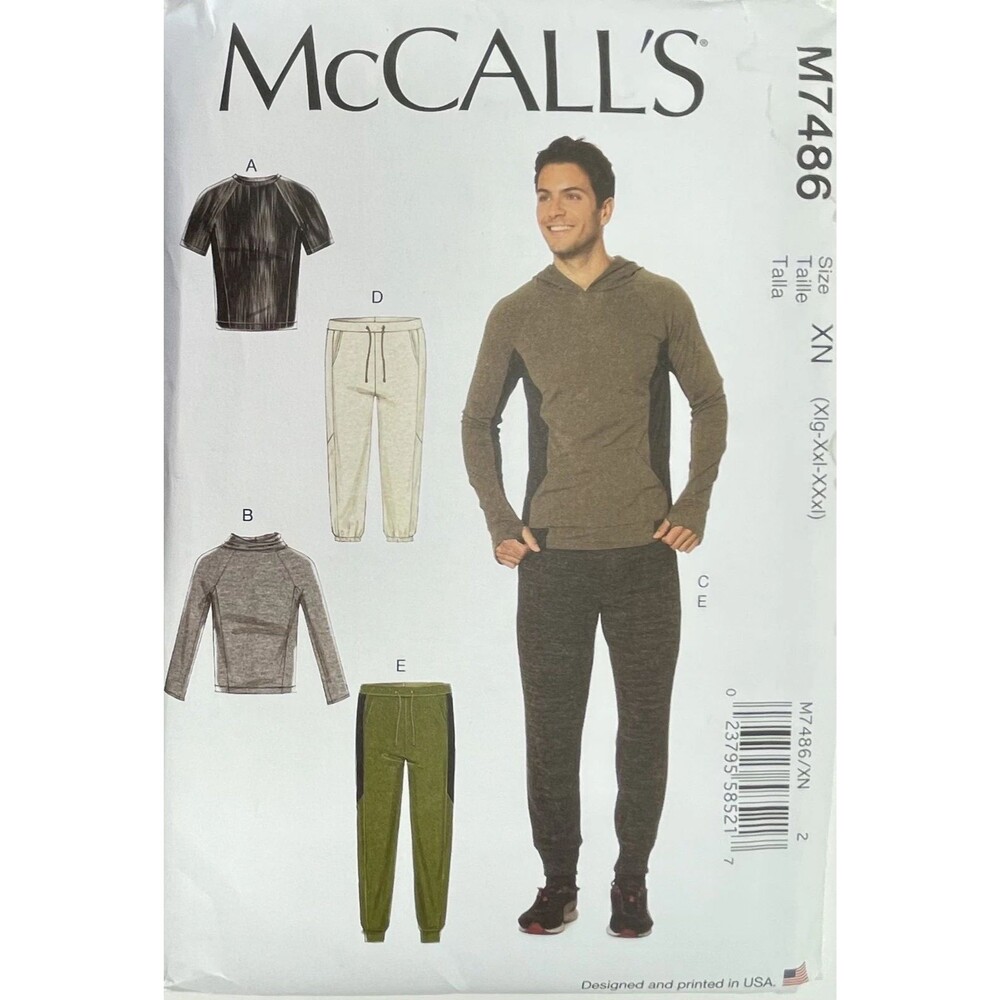 McCall's M7486 Men's Athleisure Sewing Pattern Raglan Tops Hoodie Pants Size XN